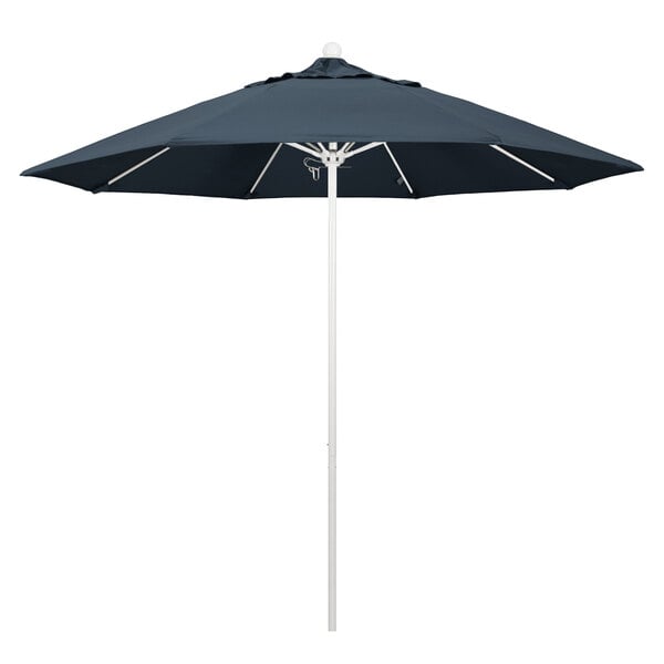 A black California Umbrella with a blue pole on a white background.