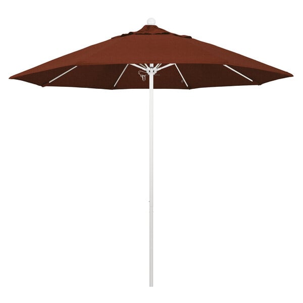 A brown umbrella on a white pole.