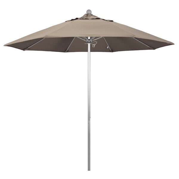 A large California Umbrella with a taupe Sunbrella canopy on a silver metal pole.