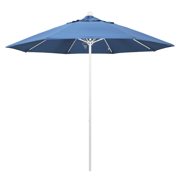 A blue umbrella with a white pole.