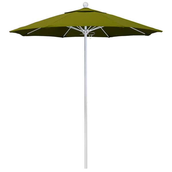 A green umbrella with a white pole.