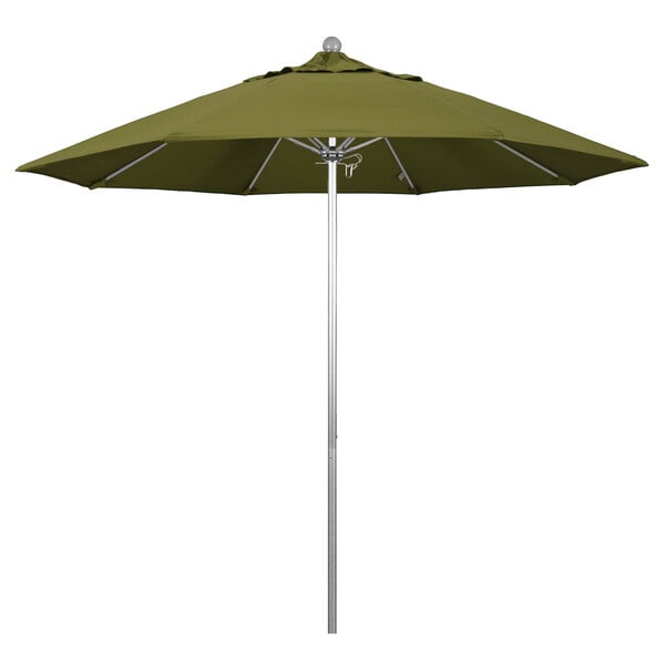 A green California Umbrella on a silver metal pole.