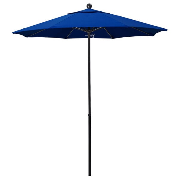 A Pacific blue California Umbrella with a black pole.