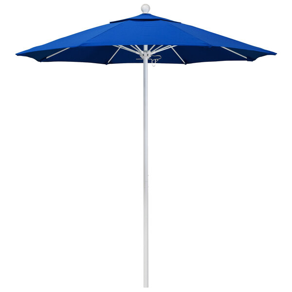 A royal blue California Umbrella on a white pole.