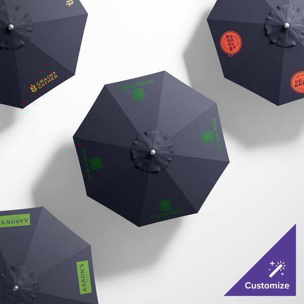 A top view of a navy blue California Umbrella with a round handle.