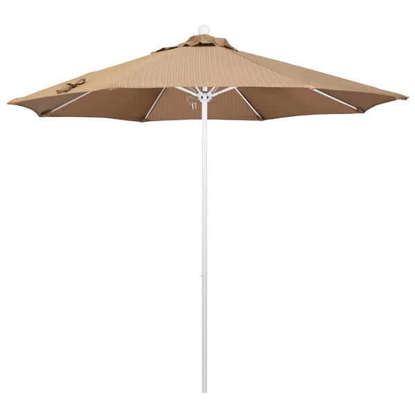 A brown California Umbrella with a white pole.