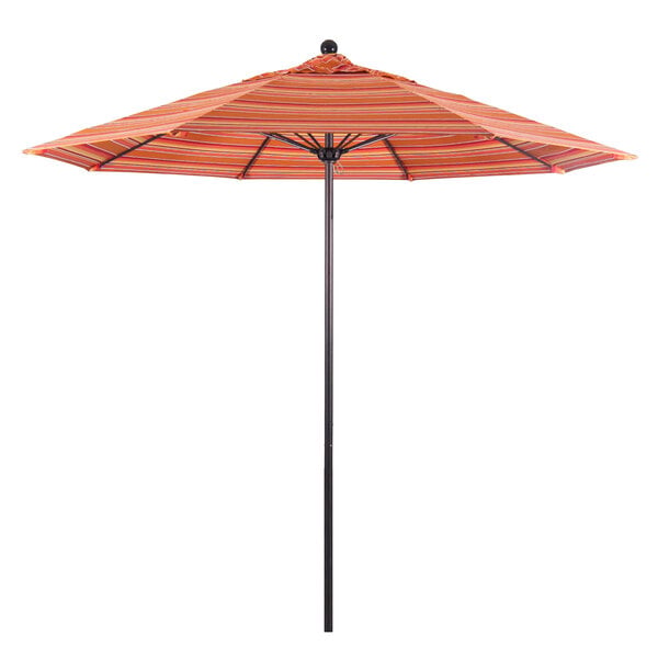 A California Umbrella with a bronze pole and orange striped canopy.