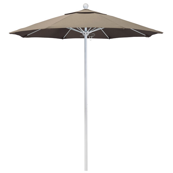 A California Umbrella ALTO round outdoor umbrella with a taupe Sunbrella canopy on a white pole.