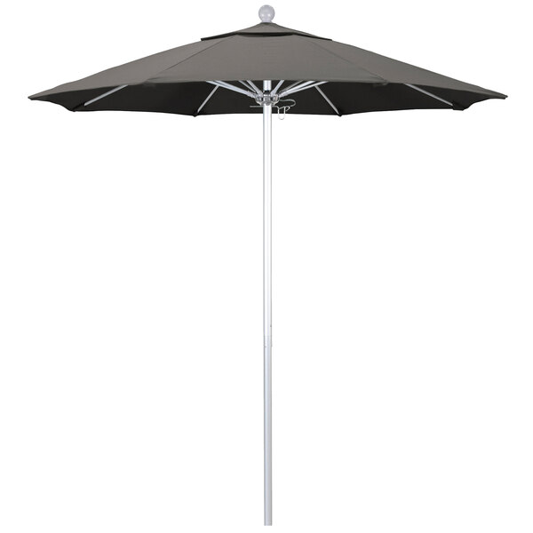 A close-up of a black California Umbrella with a taupe canopy.
