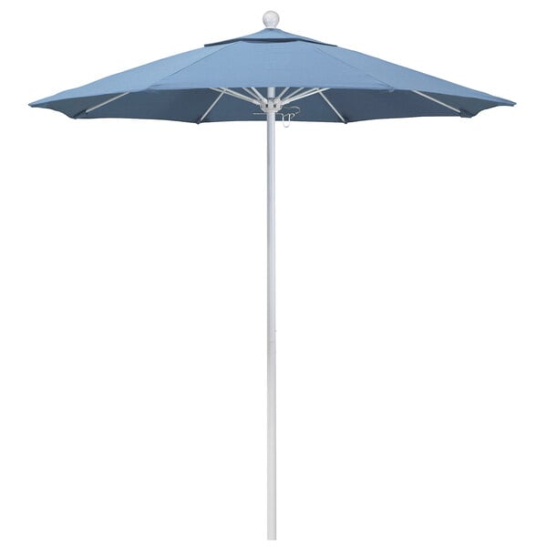 A blue California Umbrella on a white pole.