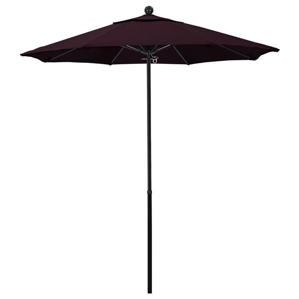 A California Umbrella with a Pacifica purple canopy on a black pole.