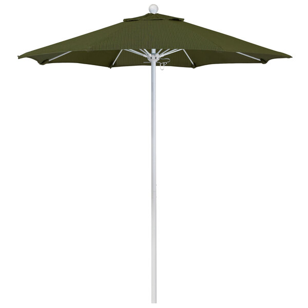 A close-up of a green California Umbrella with a Terrace Fern canopy on a white pole.