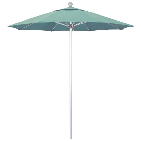 A close-up of a blue California Umbrella with Sunbrella Spa fabric.