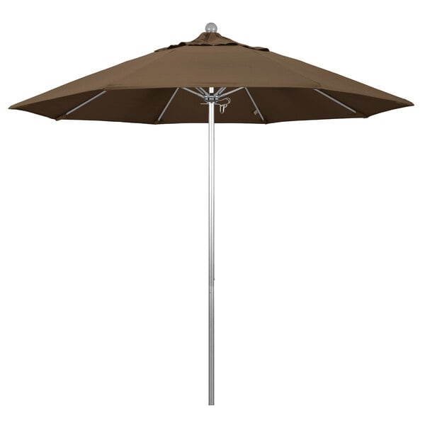 A close-up of a brown California Umbrella with a silver metal pole.