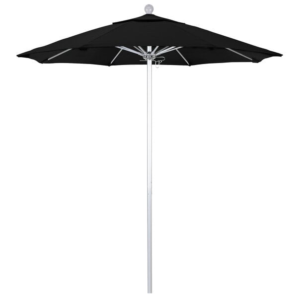 A black California Umbrella with a silver pole.