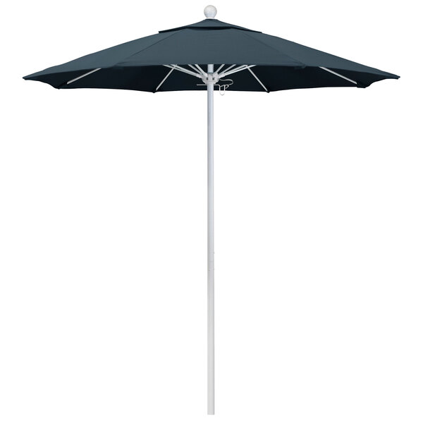 A black California Umbrella with a white pole.