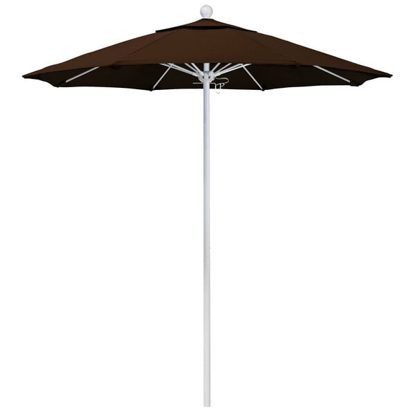 A close-up of a brown California Umbrella with a Pacifica Mocha canopy on a white pole.