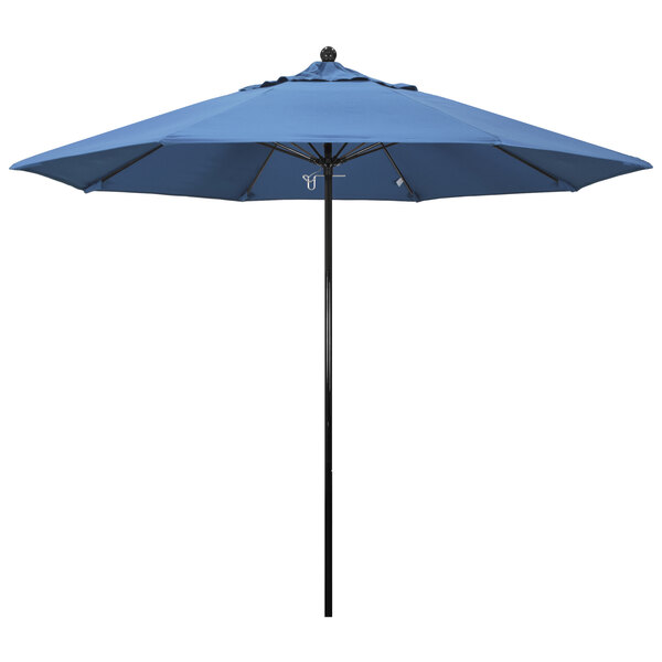 a blue umbrella with a black pole