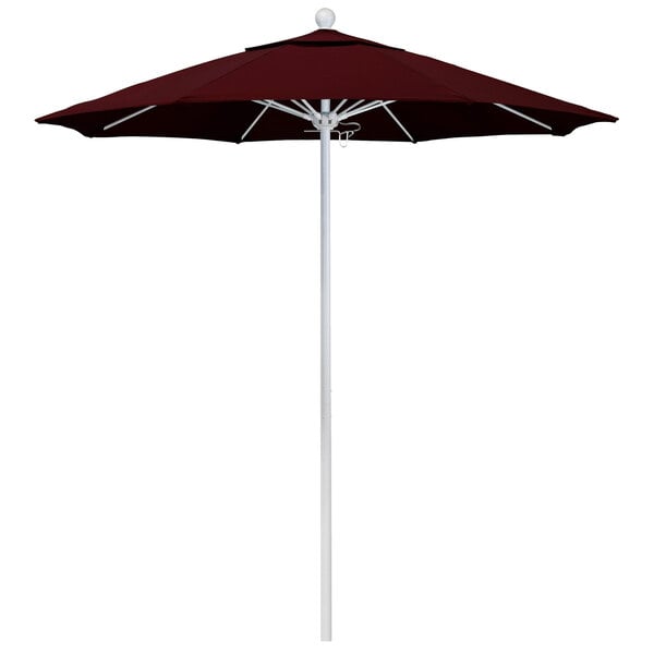 A close-up of a California Umbrella with a burgundy Pacifica canopy and a white aluminum pole.