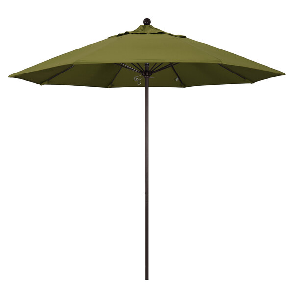 A green California Umbrella with a bronze pole on a white background.