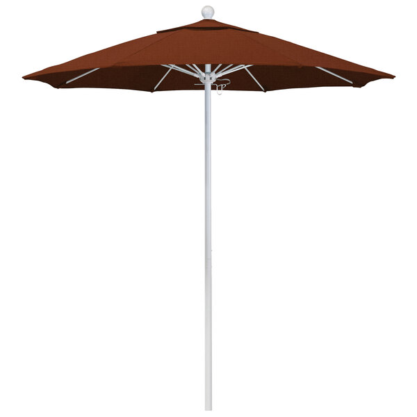 A close-up of a brown California Umbrella with a terracotta canopy.