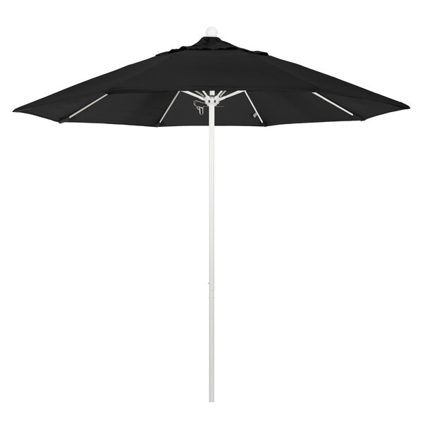 A black California Umbrella with a white pole.