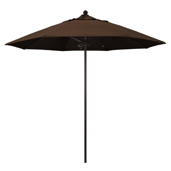 A close-up of a brown California Umbrella with a Pacifica canopy on a white background.