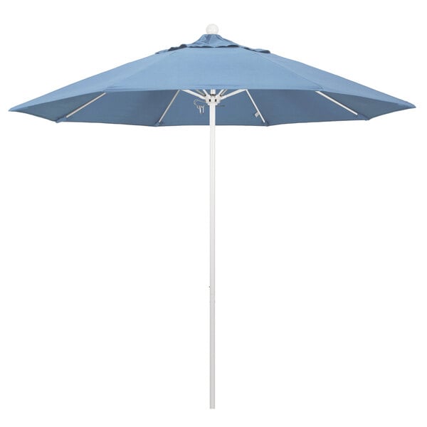 A blue California Umbrella with a white pole.