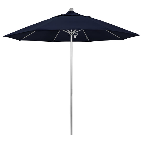 A navy blue California Umbrella with a silver metal pole.