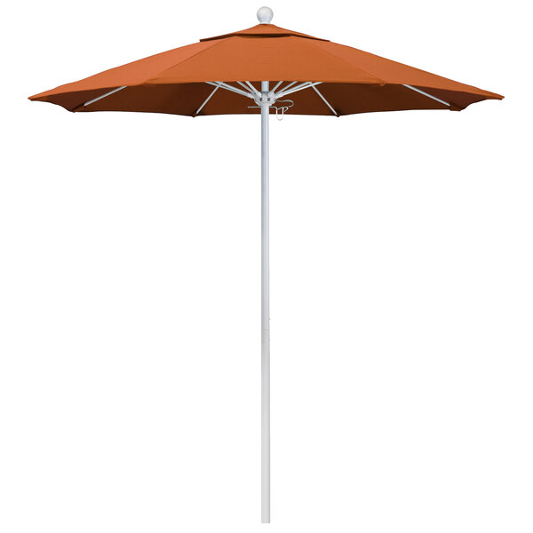 A close-up of a California Umbrella with a Sunbrella Tuscan canopy on a white pole.