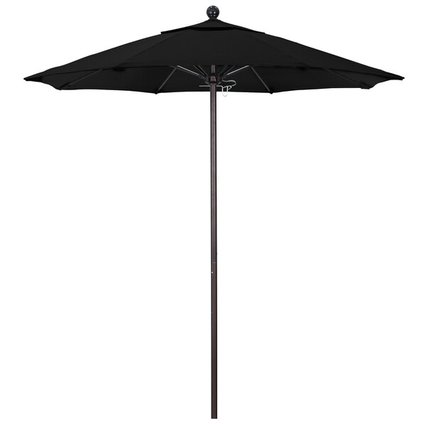 A black California Umbrella on a bronze aluminum pole.