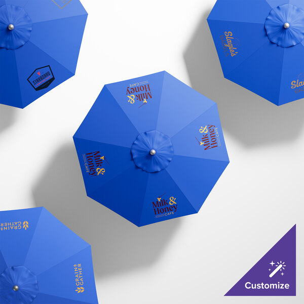 A customized California Umbrella with a silver pole and Pacific Blue Sunbrella canopy.