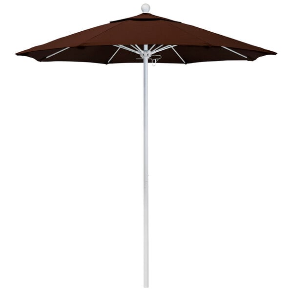 A brown California Umbrella with Sunbrella Bay Brown canopy on a white pole.