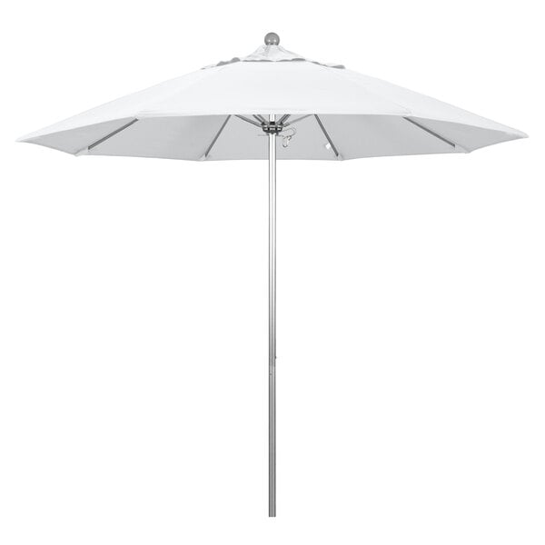 A white California Umbrella with a silver pole.