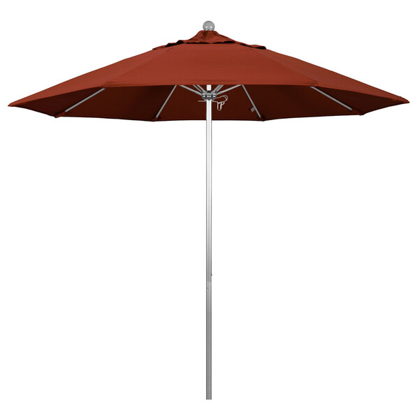 A California Umbrella ALTO 9' Round umbrella with a terracotta canopy on a silver pole.