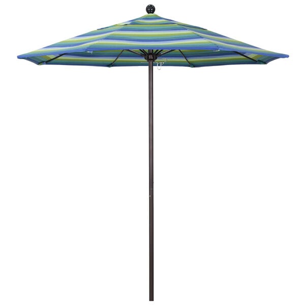 A close-up of a California Umbrella with a blue and green striped Sunbrella canopy and bronze aluminum pole.