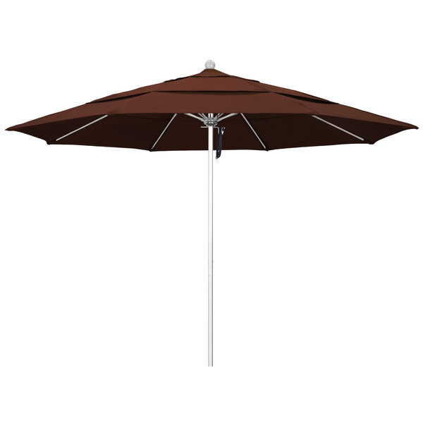 A close-up of a brown California Umbrella with a silver pole.