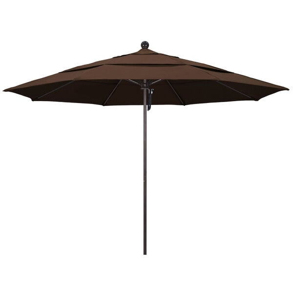 A close-up of a brown California Umbrella with a bronze pole and Pacifica Mocha canopy.