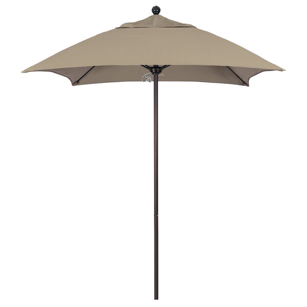 A California Umbrella ALTO 604 on a bronze pole with a taupe canopy.