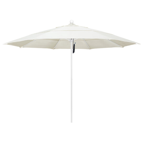 A close up of a white California Umbrella with a matte white aluminum pole.