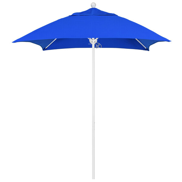 A blue California Umbrella with a white pole.