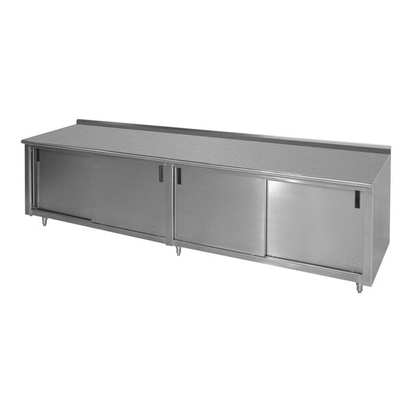 Advance Tabco CF-SS-307M 30" x 84" 14 Gauge Work Table with Cabinet Base and Mid Shelf - 1 1/2" Backsplash