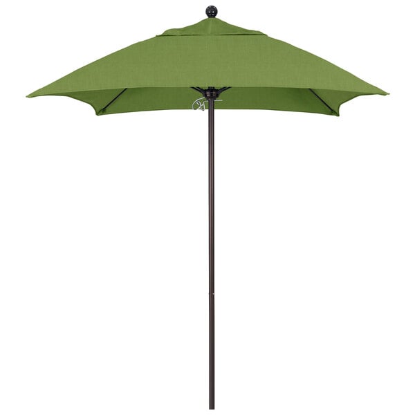 A green California Umbrella with a bronze aluminum pole on a white background.
