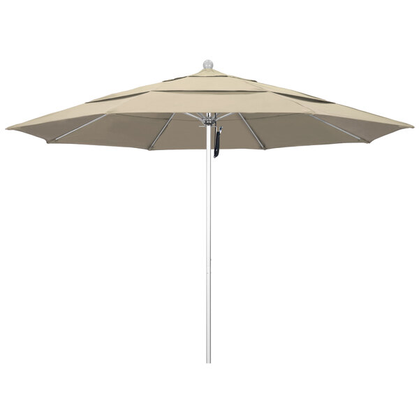 A close-up of a large California Umbrella with an Antique Beige canopy and a white pole.