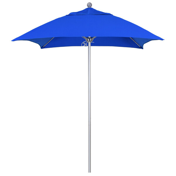 A blue California Umbrella with a silver pole.