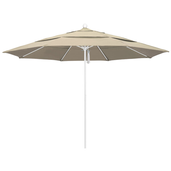 A California Umbrella ALTO round outdoor umbrella with a white pole and beige canopy.