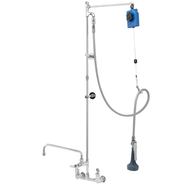 A T&S pre-rinse faucet with a hose and a wall bracket.