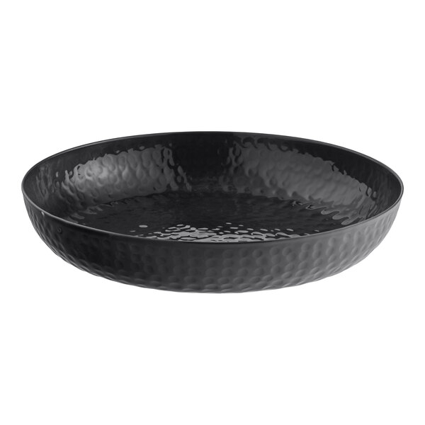 An American Metalcraft black hammered aluminum round seafood tray with a textured surface and a rim.
