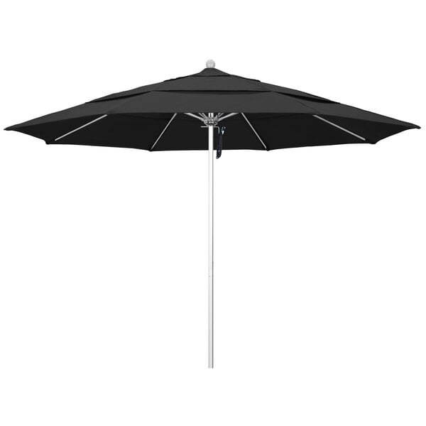 A black California Umbrella with a silver pole.