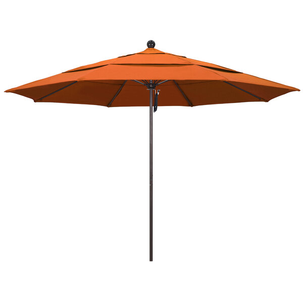 An orange California Umbrella on a black pole on a white background.